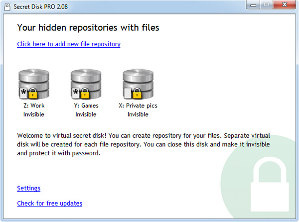 Screenshot del software Secret Disk