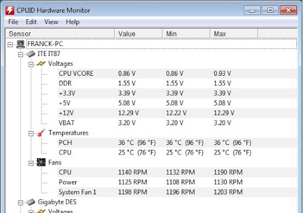 Screenshot del software HWMonitor