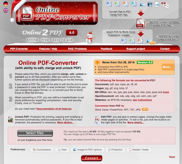 Screenshot del servizio online Online PDF Converter