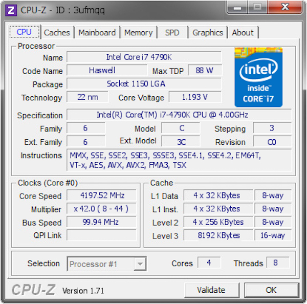 Screenshot della finestra del software CPU-Z