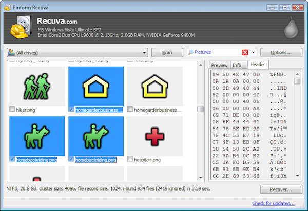 Screenshot che mostra il funzionamento del software Recuva