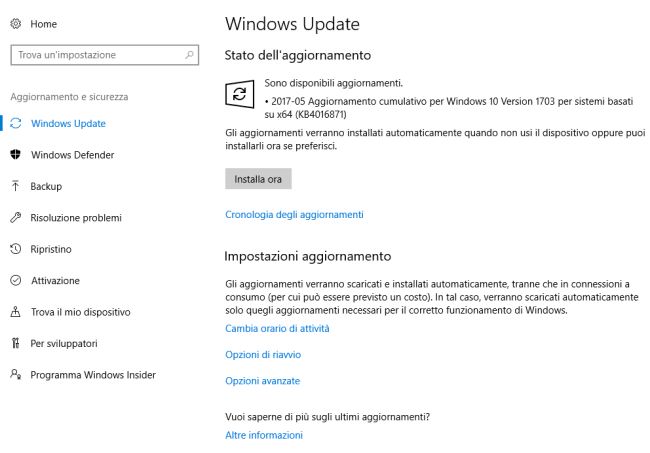 riavvio automatico aggiornamenti Windows 10